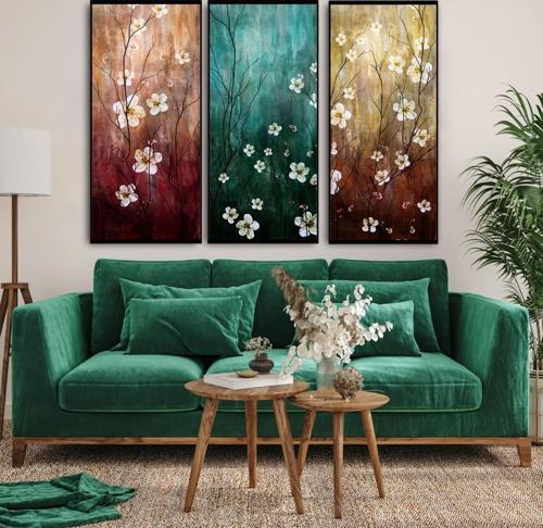 Çiçek Üçlü Set Yağlı Boya Dokulu Tablo 60X90 Siyah Çerçeveli