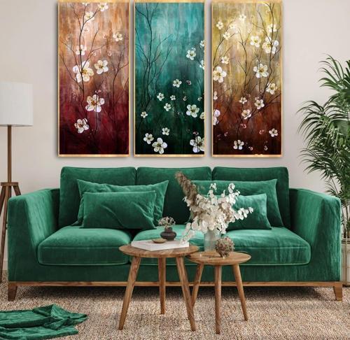 Çiçek Üçlü Set Yağlı Boya Dokulu Tablo 75X100 Gold Çerçeveli