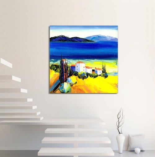 Ege Kasabası Yağlı Boya Dokulu Tablo 80X80 Gümüş Çerçeveli