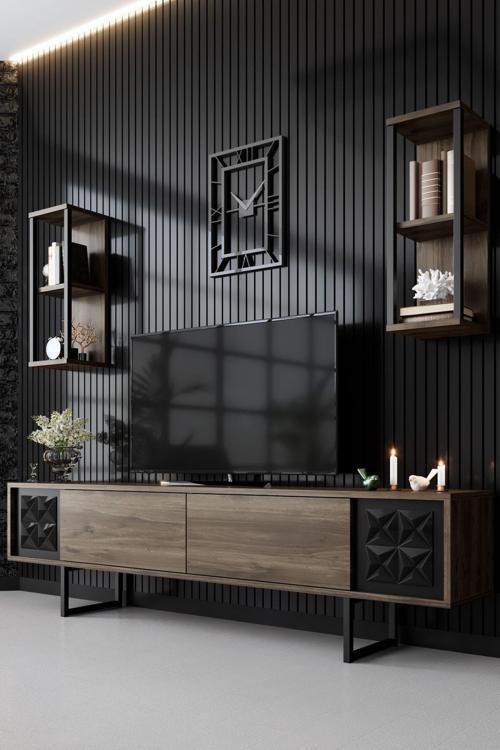 Black Line Demir Ayaklı Ceviz Tv Ünitesi Tv Sehpası