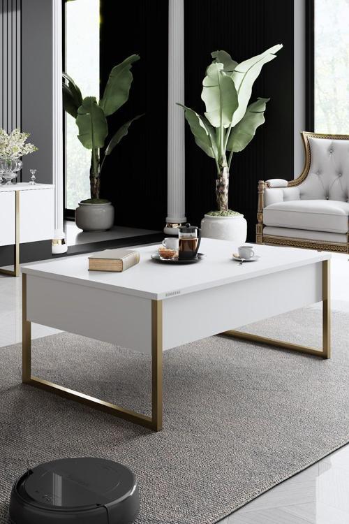 Luxe Gold Demir Ayaklı Beyaz Orta Sehpa