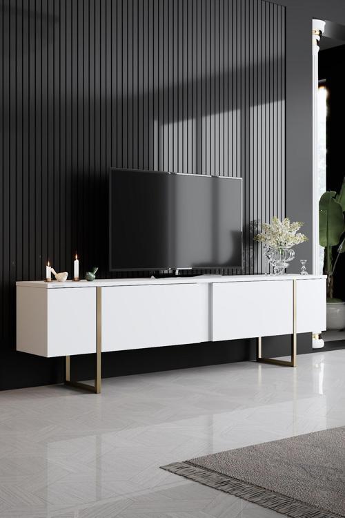 Luxe Gold Demir Ayaklı Beyaz Tv Sehpası Tv Ünitesi