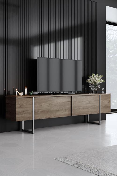 Luxe Gümüş Demir Ayaklı Ceviz Tv Sehpası Tv Ünitesi