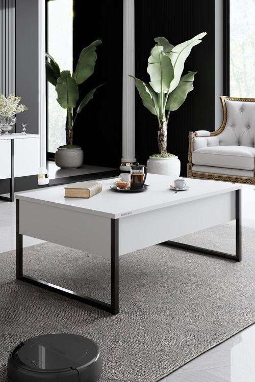 Luxe Siyah Demir Ayaklı Beyaz Orta Sehpa