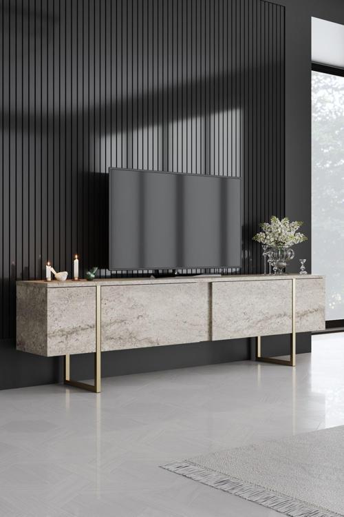 Luxe Tv Ünitesi Demir Ayaklı Mermer Gold