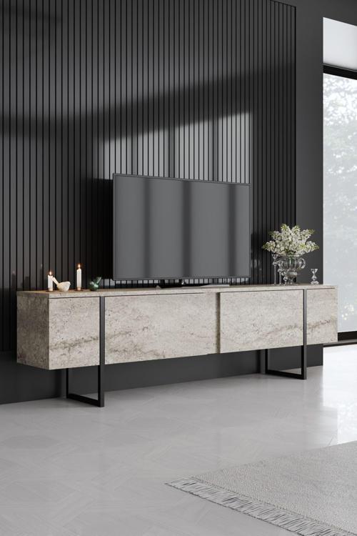 Luxe Tv Ünitesi Demir Ayaklı Mermer Siyah