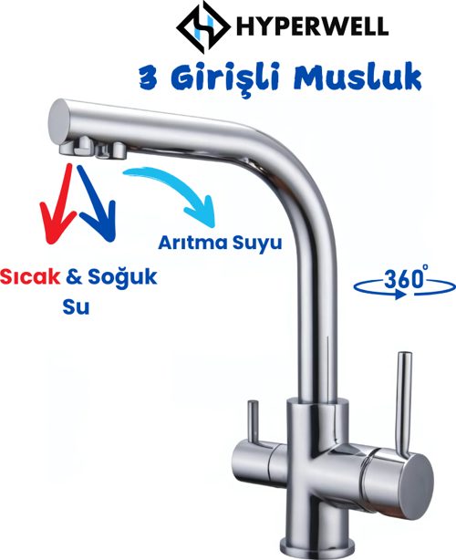 3 Girişli Mutfak Bataryası - 3 Yollu Musluk 3 Fonksiyonlu Musluk - Sıcak, Soğuk, Arıtma
