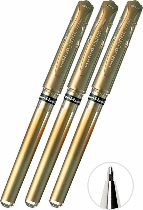 Altın Sarı İmza Kalemi 3 Adet Uniball Signo Broad 1.0 mm Roller Pilot Kalem Um-153 Yaldızlı Davetiye Kalemi Mürekkepli