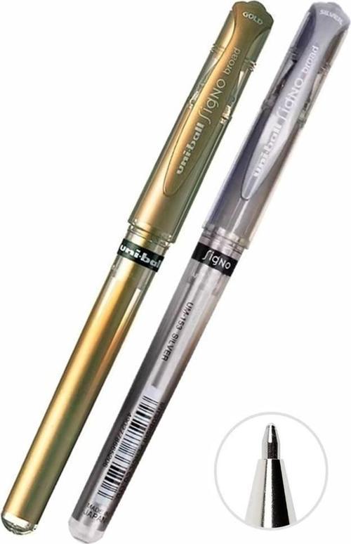 Altın Sarı ve Gümüş Gri İmza Kalemi 2 Adet Uniball Signo Broad 1.0 mm Roller Pilot Kalem Um-153 Yaldızlı Davetiye Kalemi