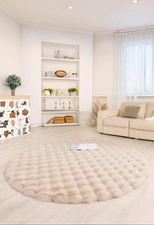 Bubble Yuvarlak Bej Uzun Tüylü Yumuşak Peluş Kaymaz Yıkanabilir Salon Oturma Odası Balkon Halısı