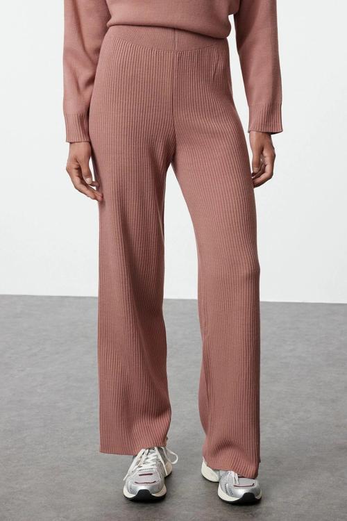 Tarz Kadın Modern Moda Normal Bel Geniş Paça Dik Yaka Fitilli Örgü Basic Triko Alt-Üst Takım