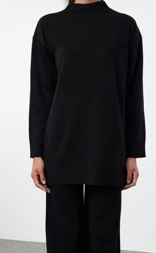 Tarz Kadın Modern Moda Normal Bel Geniş Paça Dik Yaka Fitilli Örgü Basic Triko Alt-Üst Takım