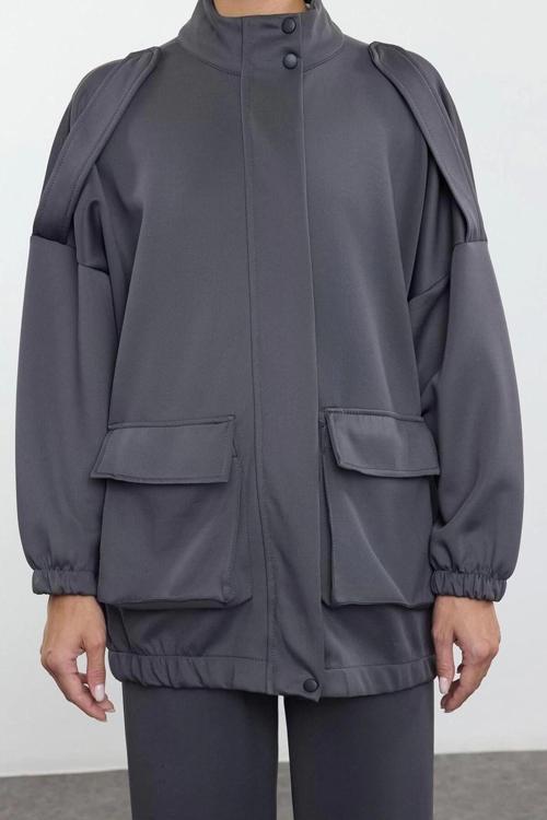 Tarz Kadın Modern Moda Normal Bel Boru Paça V Yaka Cep Detaylı Dik Yaka Örme Alt-Üst Takım