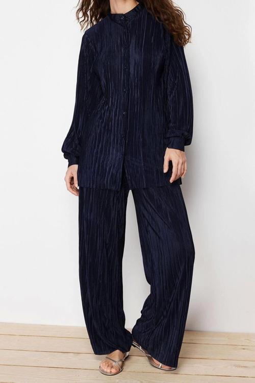 Tarz Kadın Modern Moda Normal Bel Boru Paça V Yaka Piliseli Örme Alt-Üst Takım