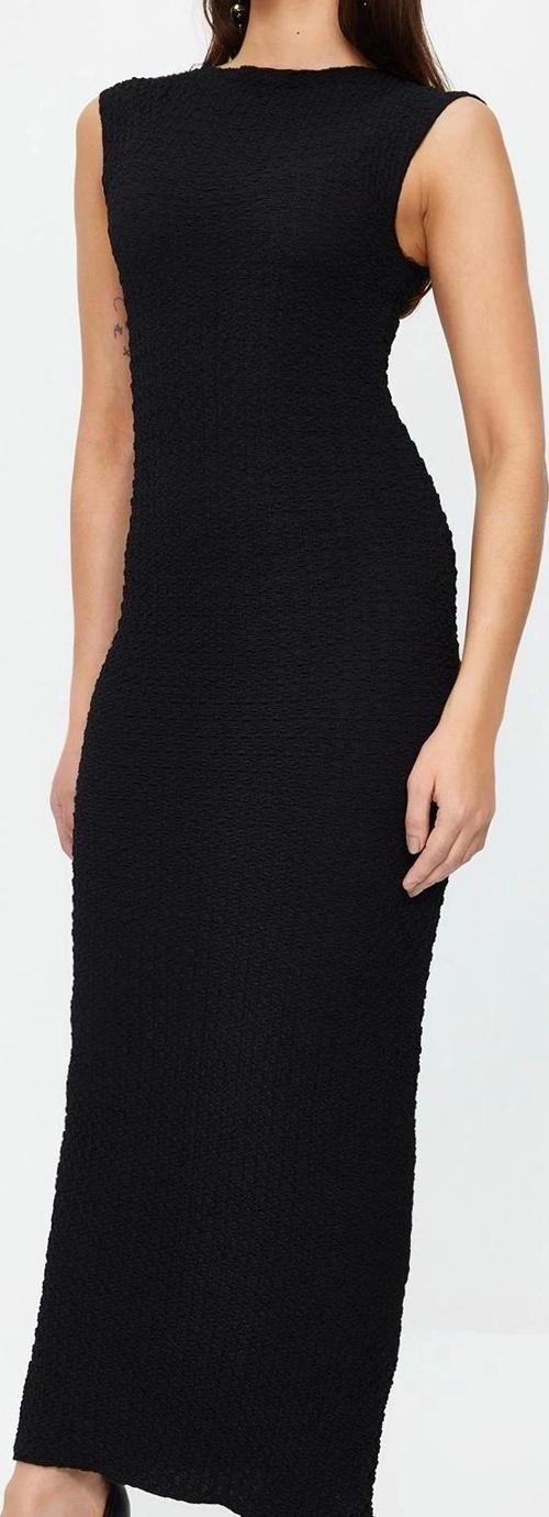 Kısa Kollu Kayık Yaka Kiremit Dokulu Kumaş Fitted Vücuda Oturan Ay Kol Esnek Örme Midi Kalem Elbise