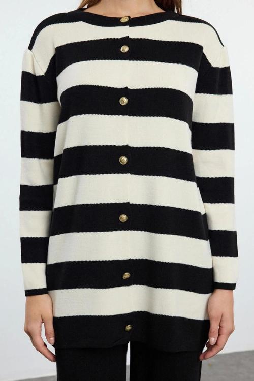 Tarz Kadın Modern Moda Normal Bel Boru Paça V Yaka Çizgili Triko Hırka Pantolon Alt-Üst Takım