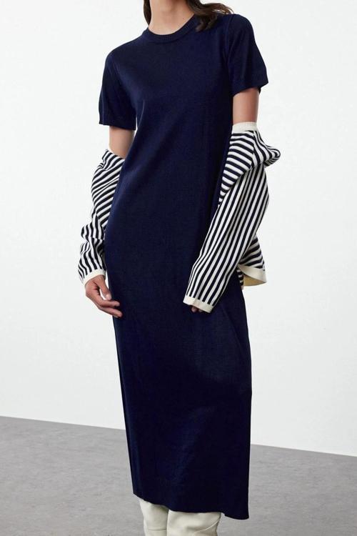 Tarz Kadın Modern Moda Normal Bel Boru Paça Bisiklet Yaka Çizgili Triko Hırka Elbise Takım
