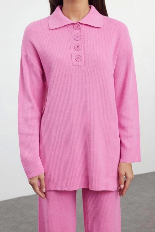 Tarz Kadın Modern Moda Normal Bel Geniş Paça V Yaka Polo Yaka Ftilli Triko Alt-Üst Takım