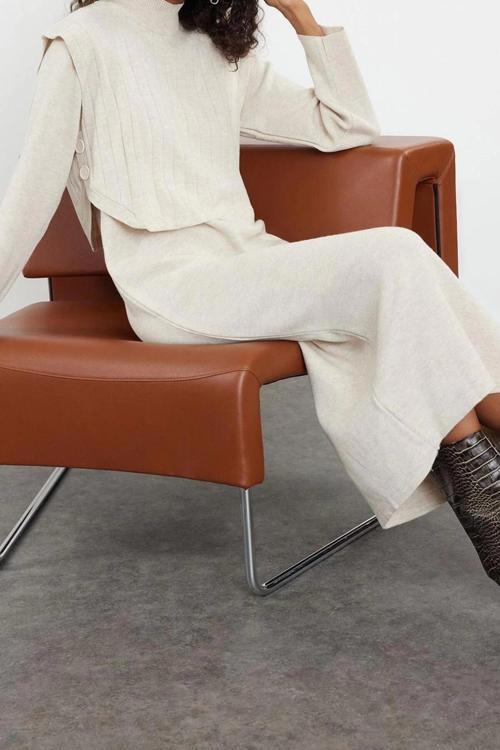 Tarz Kadın Modern Moda Normal Bel Boru Paça Dik Yaka Triko Süveter Elbise Takım