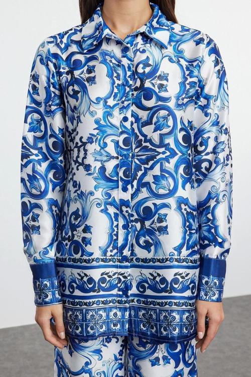 Tarz Kadın Modern Moda Normal Bel Boru Paça V Yaka Desenli Saten Dokuma Alt-Üst Takım