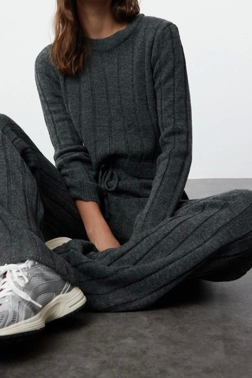 Tarz Kadın Modern Moda Normal Bel Boru Paça Bisiklet Yaka Crop Kazak-Pantolon Triko Alt-Üst Takım