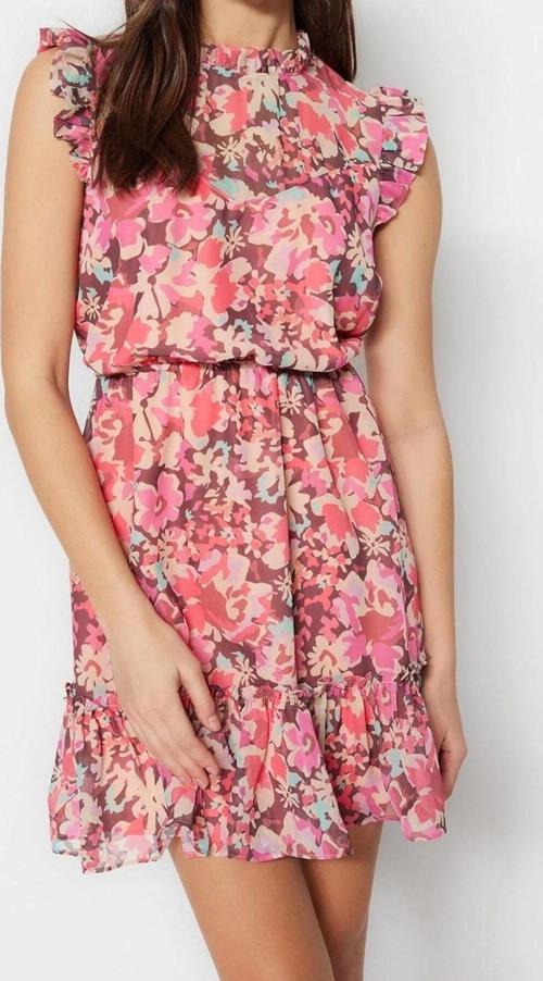 Moda Stil Regular Dik Yaka Mini Boy Çiçek Desenli Belden Açılan Dokuma Elbise