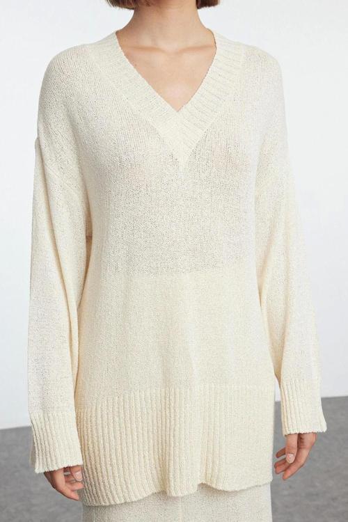 Tarz Kadın Modern Moda Normal Bel Boru Paça V Yaka Premium Kalite Triko Alt-Üst Takım