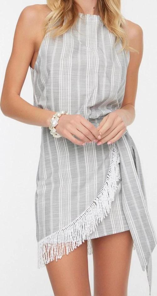 Moda Çizgili Halter Yaka Casual Günlük Gri Çizgili Dokuma Püsküllü Bluz Etek Takım