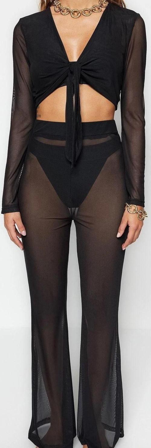 Moda Dokuma Geometrik V Yaka Plaj Siyah Örme Bağlamalı Mesh Bluz Pantolon Takım