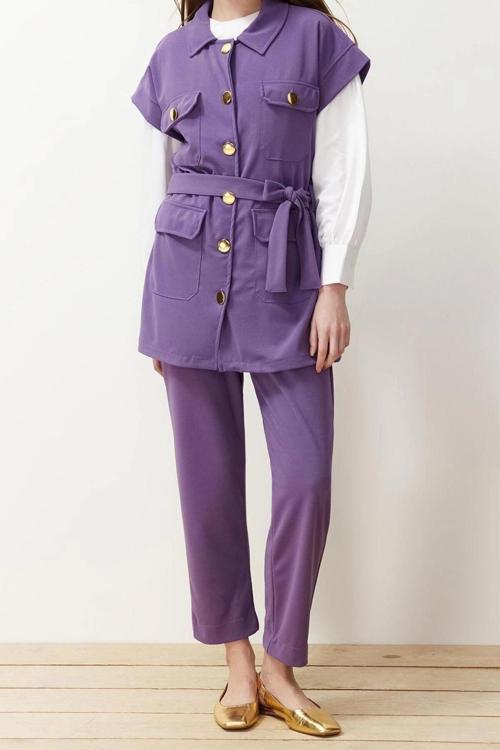 Moda Düz Gömlek Yaka Casual Günlük Vizon Altın Düğmeli Yelek-Pantolon Örme Alt Üst Takım