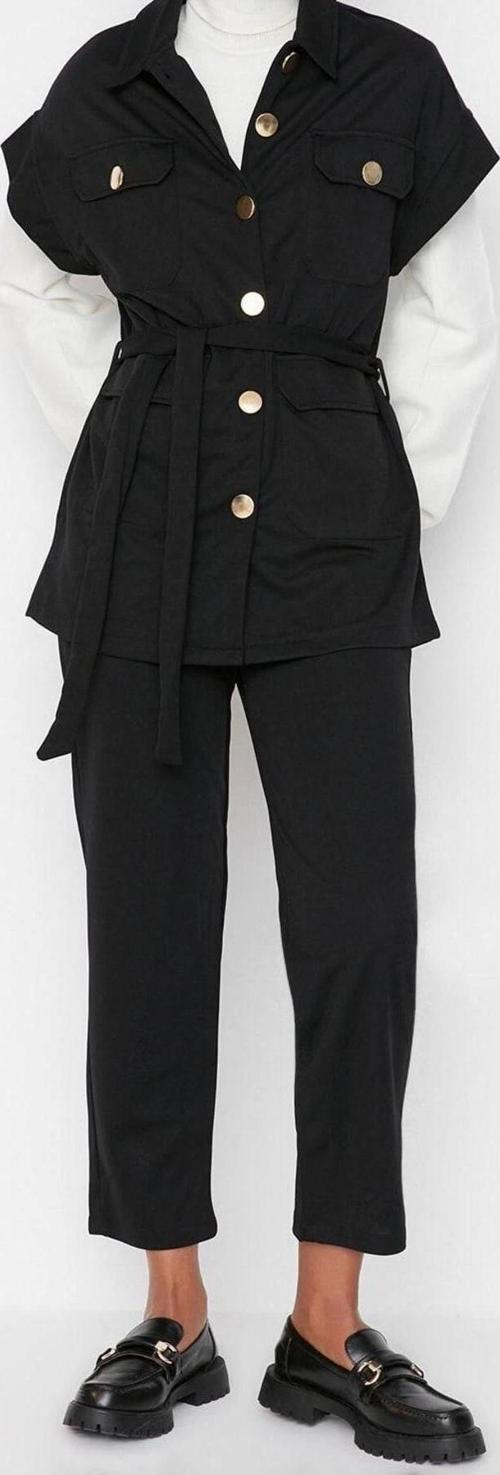 Moda Düz Gömlek Yaka Casual Günlük Vizon Altın Düğmeli Yelek-Pantolon Örme Alt Üst Takım