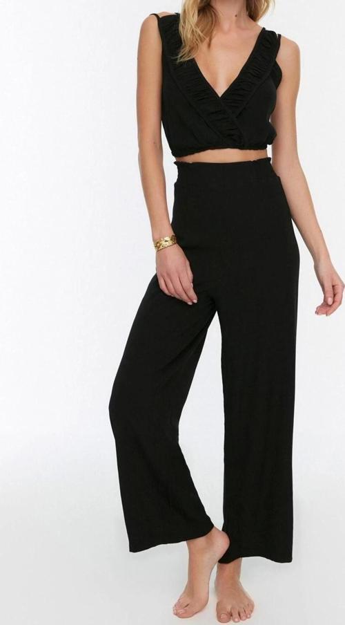 Moda Dokuma Düz V Yaka Plaj Siyah Dokuma Fırfırlı Bluz Pantolon Takım