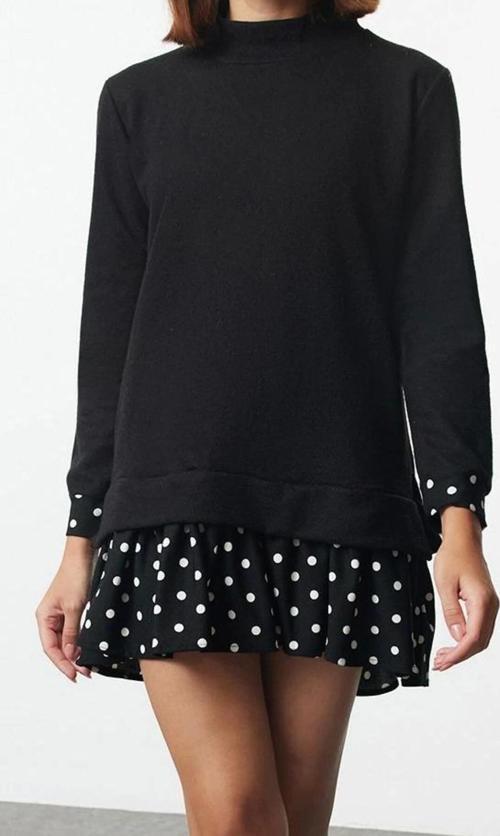 Moda Stil Regular Bisiklet Yaka Mini Boy Selanik Puantiyeli Örme Elbise