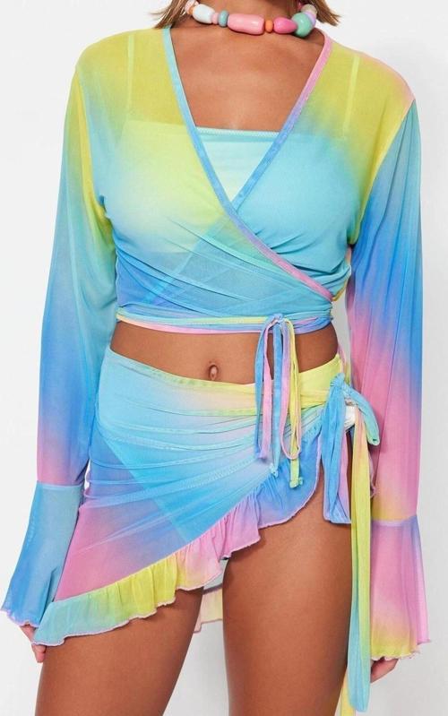 Moda Dokuma Degrade V Yaka Plaj Degrade Desenli Vücuda Oturan Örme Bağlamalı Mesh Bluz Etek Takım