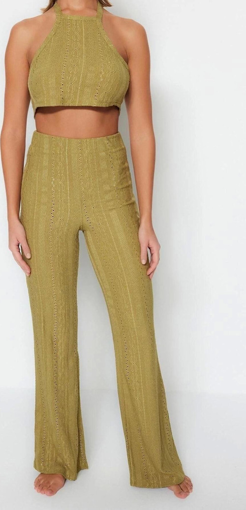 Moda Dokuma Düz Halter Yaka Plaj Ekru Örme Dantelli Bluz Pantolon Takım