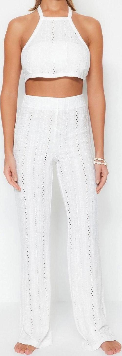 Moda Dokuma Düz Halter Yaka Plaj Ekru Örme Dantelli Bluz Pantolon Takım