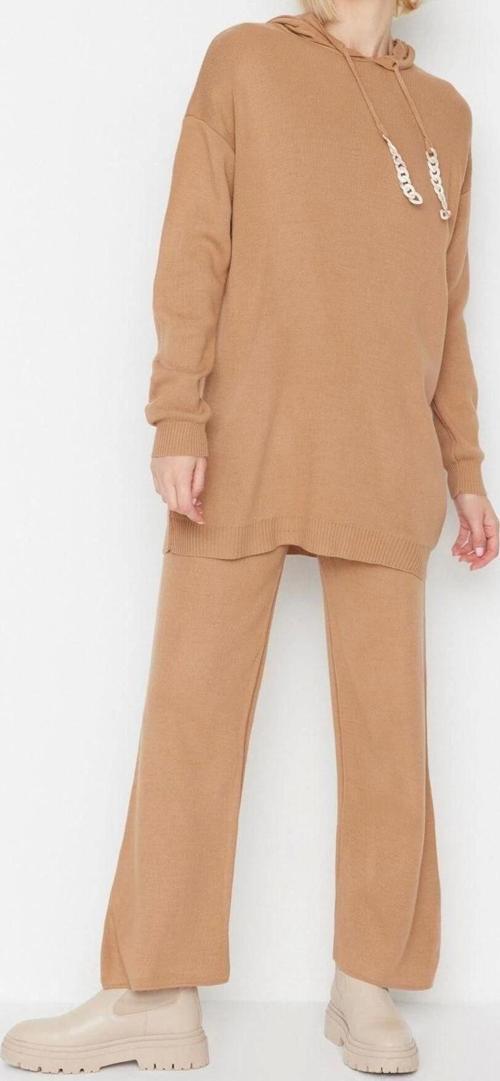 Moda Yüksek Bel Kapüşonlu Düşük Kol Casual Günlük İpleri Zincir Detaylı Kazak-Pantolon Triko Takım
