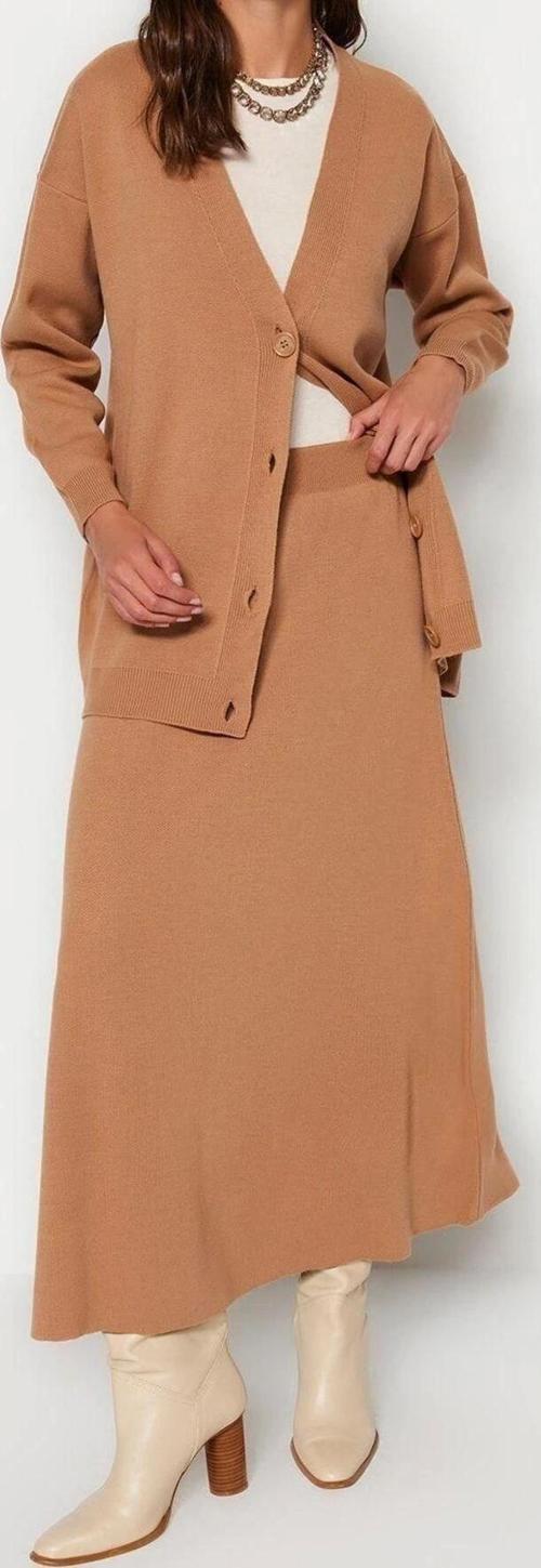Moda Triko Düz V Yaka Düşük Kol Casual Günlük Hırka-Etek Triko Takım