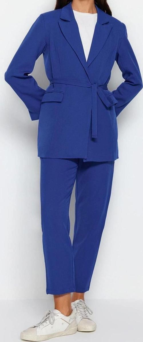 Moda Yüksek Bel Ceket Yaka Günlük Bağlama Detaylı Astarlı Krep Ceket-Pantolon Dokuma Alt-Üst Takım