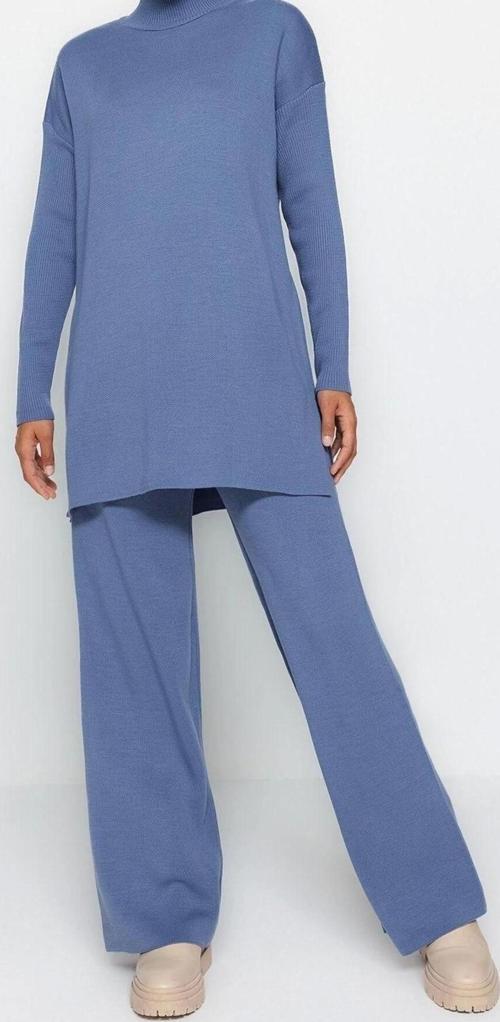 Moda Düz Balıkçı Yaka Düşük Kol Casual Günlük Yırtmaçlı Geniş Paça Triko Alt-Üst Takım