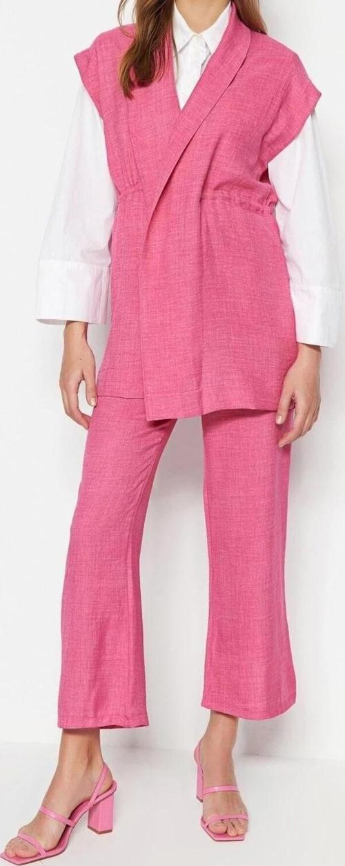 Moda Yüksek Bel Ceket Yaka Düşük Kol İçten Bağlamalı Keten Görünümlü Kimono-Pantolon Dokuma Takım