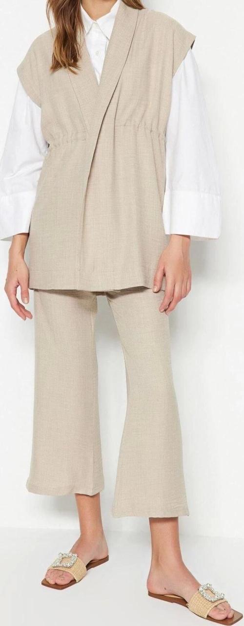 Moda Yüksek Bel Ceket Yaka Düşük Kol İçten Bağlamalı Keten Görünümlü Kimono-Pantolon Dokuma Takım