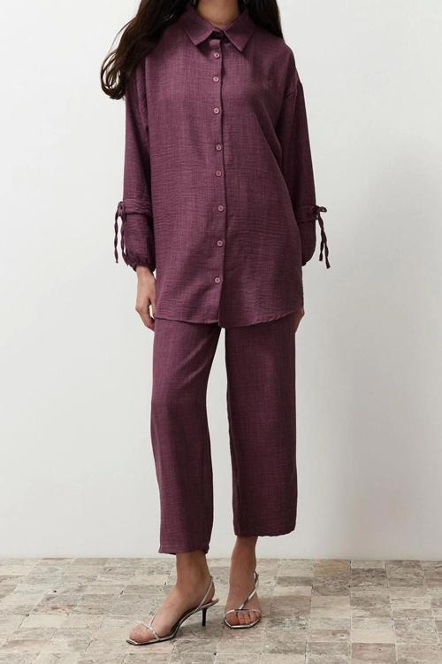 Moda Dokuma Düz Düşük Kol Casual Günlük Pudra Keten Görünümlü Dokuma Alt-Üst Takım