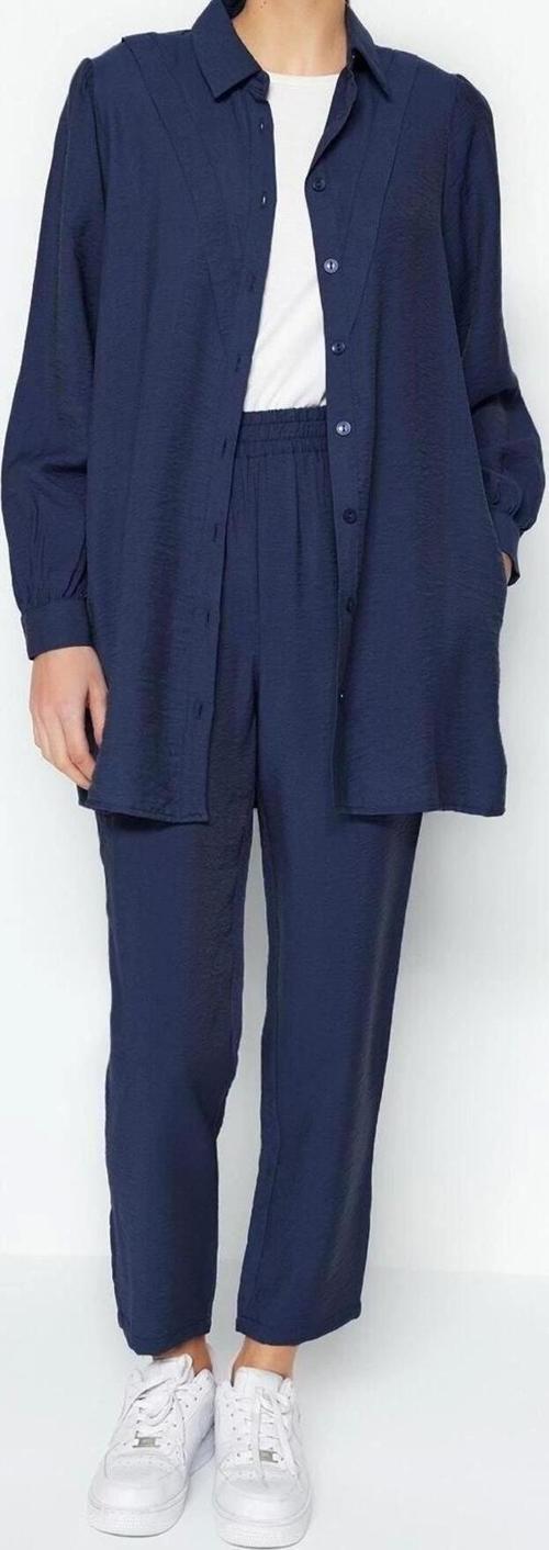 Moda Dokuma Düz Gömlek Yaka Düşük Kol Casual Günlük Keten Görünümlü Gömlek-Pantolon Dokuma Takım