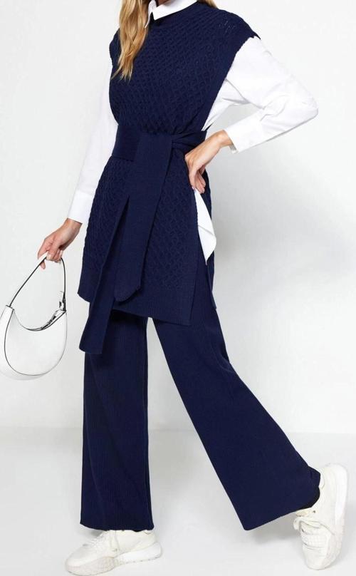 Moda Düz Dik Yaka Casual Günlük Kuşaklı Pirinç Örgü Süveter-Pantolon Triko Alt-Üst Takım