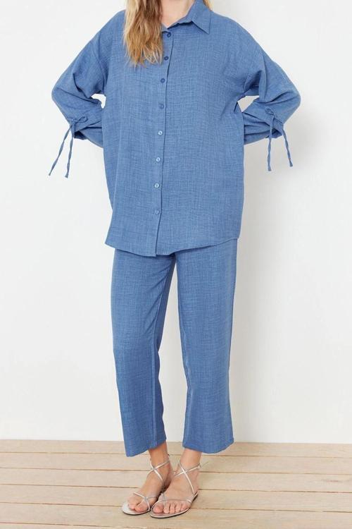 Moda Dokuma Düz Düşük Kol Casual Günlük Pudra Keten Görünümlü Dokuma Alt-Üst Takım