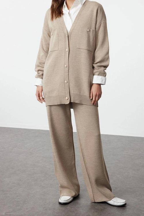 Moda Düz V Yaka Düşük Kol Casual Günlük Siyah Düğmeli Hırka-Pantolon Triko Alt-Üst Takım