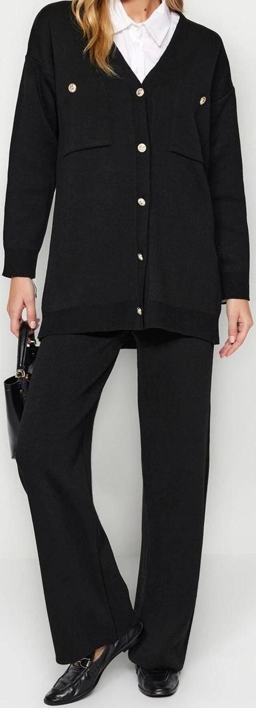 Moda Düz V Yaka Düşük Kol Casual Günlük Siyah Düğmeli Hırka-Pantolon Triko Alt-Üst Takım