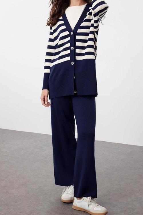 Moda Triko Çizgili V Yaka Düşük Kol Casual Günlük Hırka Pantolon Triko Alt-Üst Takım