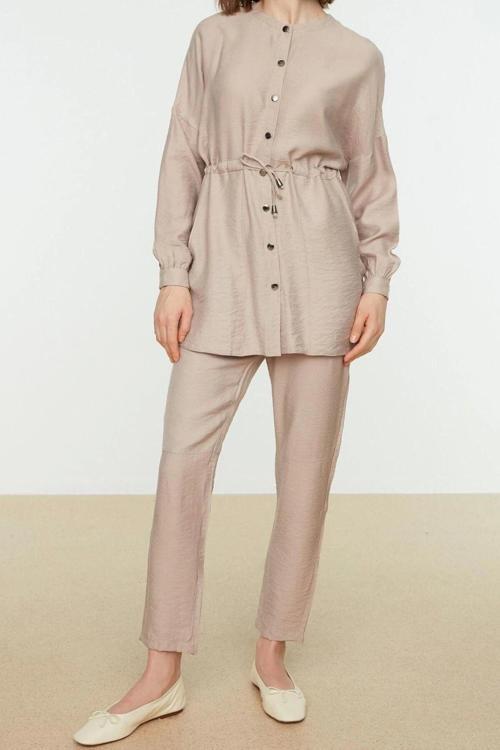 Moda Yüksek Bel Bisiklet Yaka Düşük Kol Casual Günlük Beli Bağlamalı Gömlek-Pantolon Dokuma Takım